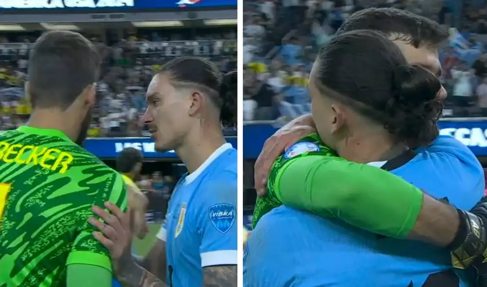 Darwin Núñez y Alisson Becker comparten equipo en el Liverpool de Inglaterra. Foto: captura/DSports