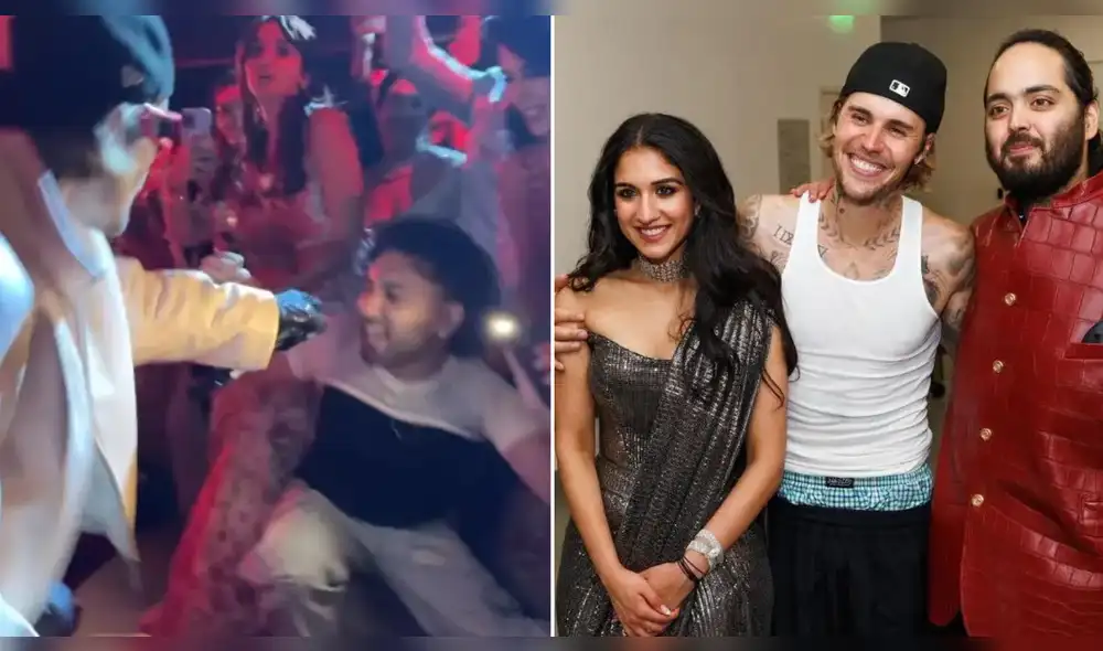 Justin Bieber posando junto Anant Ambani y novia. Foto: composición LR/difusión/mid.day