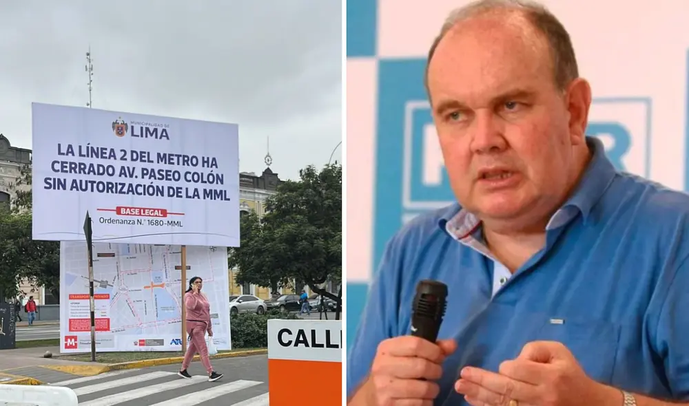 Rafael López Aliaga colocó un cartel delante de la señalización de la Línea 2 del Metro de Lima. Foto: composición LR/difusión.