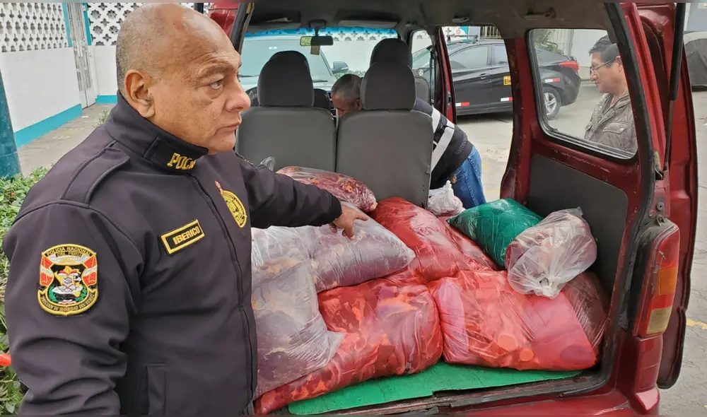 Agentes intervinieron auto listo para entregar kilos de carne de caballo. Foto: PNP