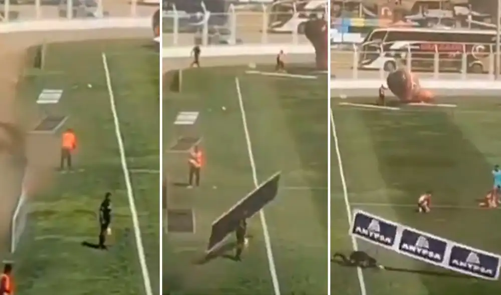 El panel que golpeó a Jorge Ramírez no fue el único que salió volando tras el fuerte viento en el estadio Los Chankas. Foto: captura de Edward Alva/X