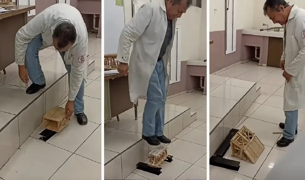 El profesor sometió a prueba cinco puentes de maqueta, saltando con fuerza sobre cada uno para evaluar su resistencia.  Foto: composición LR/ YouTube
