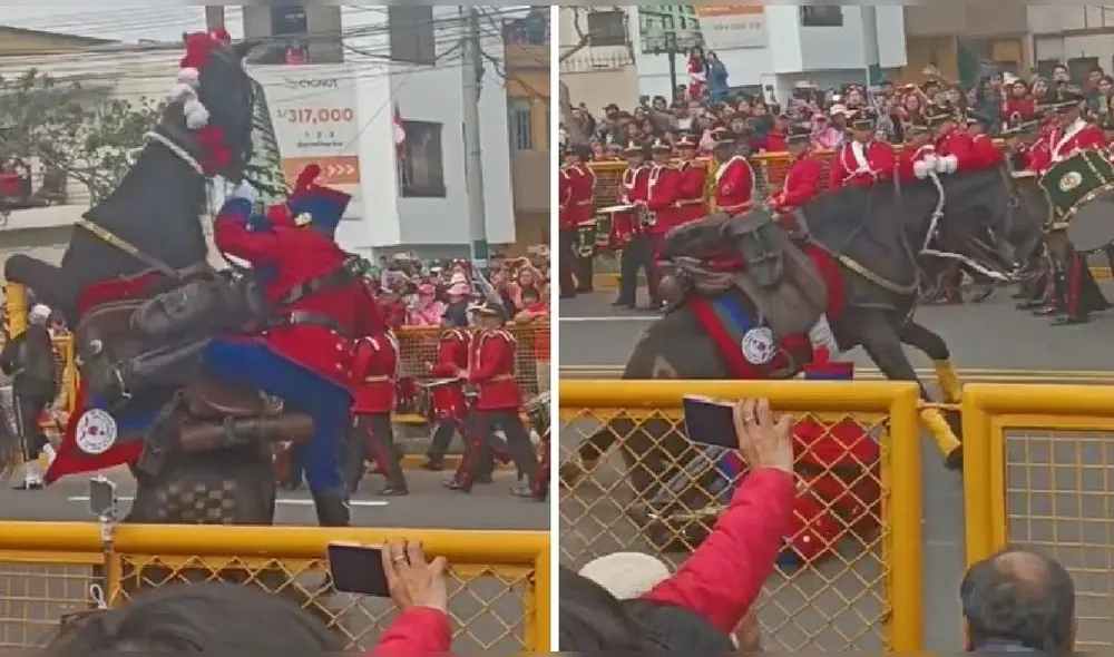 Durante la Parada y Desfile Cívico Militar 2024, personas asistentes registraron con sus celulares el incidente ocurrido con la caballería ‘Húsares de Junín’. Foto: composición LR/TikTok/SharaFalcon