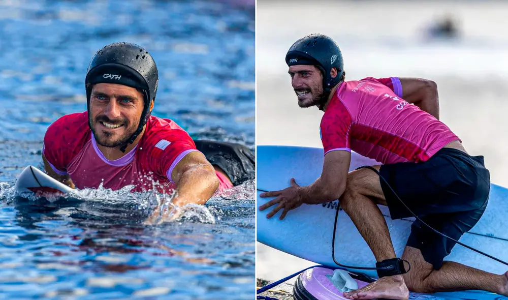 El joven surfista está dejando en alto el nombre del Perú en los Juegos Olímpicos París 2024. Foto: composición (AFP/difusión). El joven surfista está dejando en alto el nombre del Perú en los Juegos Olímpicos París 2024. Foto: composición (AFP/difusión).