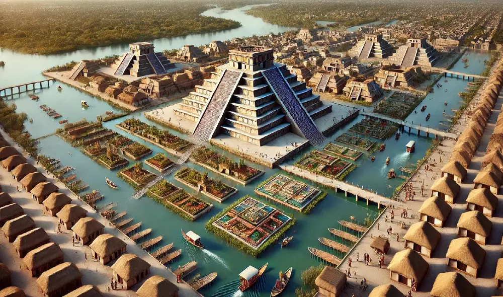 Conoce a Tenochtitlán, la ciudad que fue construida sobre una isla en el lago de Texcoco, lo que la convertía en una fortaleza natural y un centro de comercio estratégico. Foto: DALL.E Conoce a Tenochtitlán, la ciudad que fue construida sobre una isla en el lago de Texcoco, lo que la convertía en una fortaleza natural y un centro de comercio estratégico. Foto: DALL.E