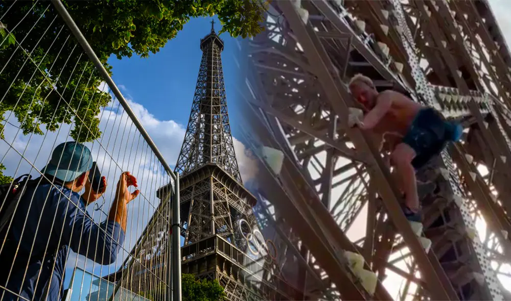 Sujeto subió por la Torre Eiffel sin ayuda de cuerdas, ni arnés y con el torso desnudo. Foto: AFP/Twitter