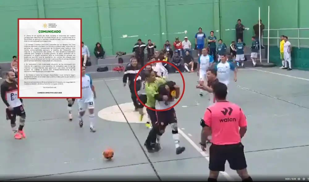 Partido de Colegio de Abogados del Perú en La Libertad, terminó a golpes. Foto: composición LR/captura de pantalla. Partido de Colegio de Abogados del Perú en La Libertad, terminó a golpes. Foto: composición LR/captura de pantalla.