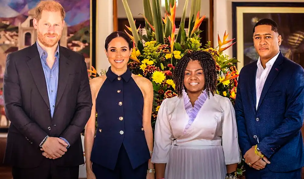 El príncipe Harry y Meghan Markle junto a la vicepresidenta Francia Márquez en su llegada a Bogotá. Foto: X de Presidencia de Colombia