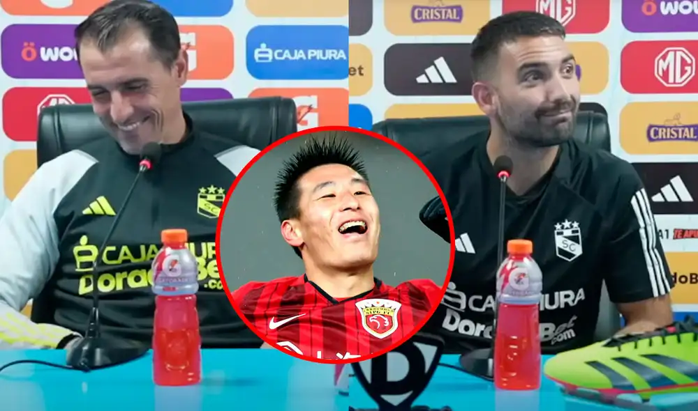 Guillermo Farré y Martín Cauteruccio no pudieron ocultar su sorpresa y las risas en la conferencia de prensa. Foto: captura/Cristal TV