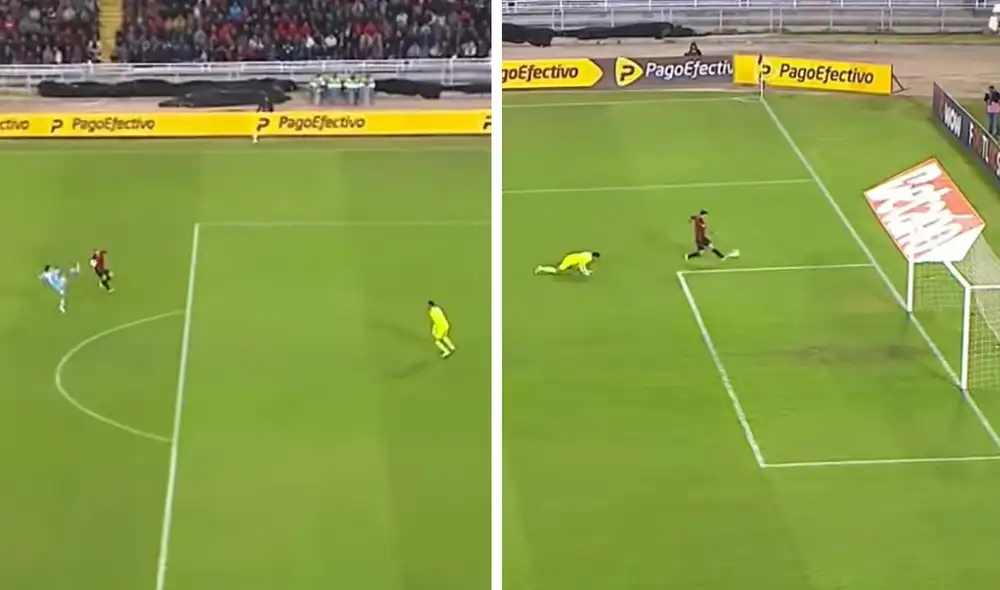 Gianfranco Chávez calculó mal la trayectoria del balón y dejó a Bernardo Cuesta completamente solo frente a Diego Enríquez. Foto: composición de LR/captura de L1 Max