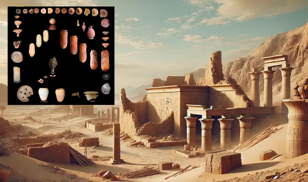 Imagen referencial del sitio y objetos encontrados. Foto: composición LR / IA