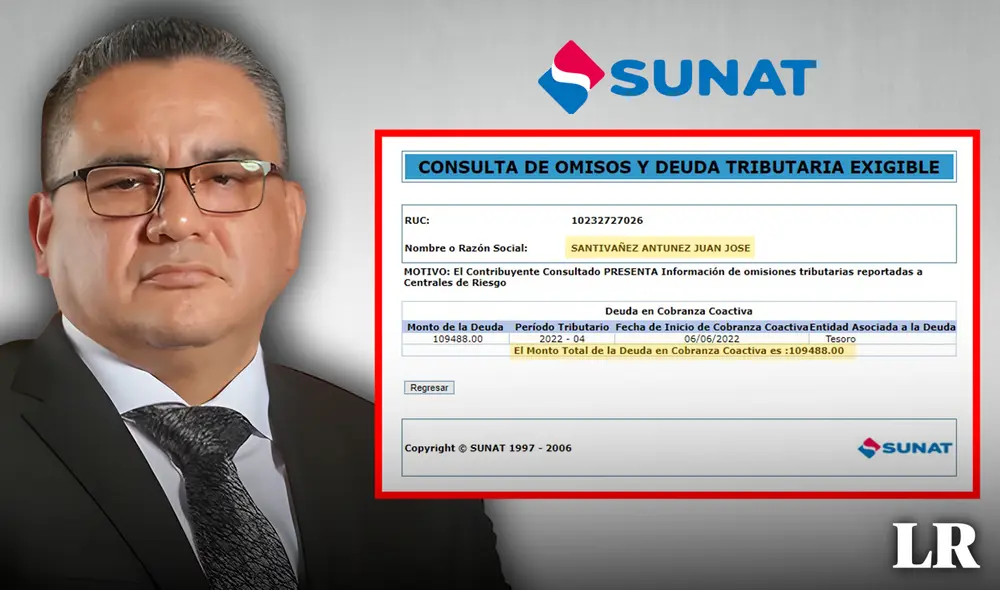 El ministro solo reconoce la deuda personal con Sunat, las otras son de estudios de abogados que ya "vendió". Pero mantienen su apellido. Foto: composición LR/Sunat/Juan Santiváñez Antúnez El ministro solo reconoce la deuda personal con Sunat, las otras son de estudios de abogados que ya "vendió". Pero mantienen su apellido. Foto: composición LR/Sunat/Juan Santiváñez Antúnez