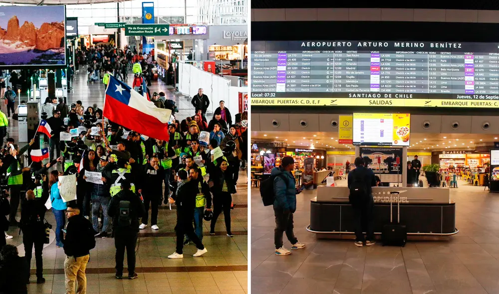 A días de las Fiestas Patrias, trabajadores del aeropuerto de Santiago inician una huelga indefinida que podría afectar el movimiento de 728.000 pasajeros durante el "Feriado XL". Foto: @agenciaunochile/Twitter A días de las Fiestas Patrias, trabajadores del aeropuerto de Santiago inician una huelga indefinida que podría afectar el movimiento de 728.000 pasajeros durante el "Feriado XL". Foto: @agenciaunochile/Twitter