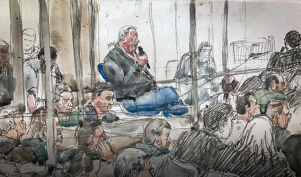 Creado el 17 de septiembre de 2024, este dibujo representa a Dominique Pelicot en el juicio. Foto: Benoit Peyrucq/AFP