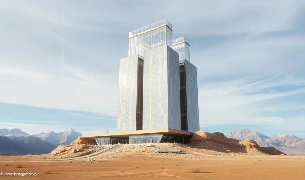 Discovery Tower, diseñada por Zaha Hadid Architects, será una estructura cristalina de 330 metros que se levantará en la cima de una montaña en Trojena. Foto: IA Freepik