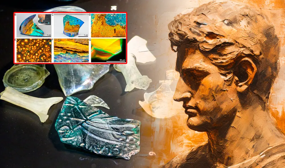 Científicos hallaron los cristales fotónicos en vidrios romanos de 2.000 años en Aquileia, Italia. Foto: Composición LR/Wolfgang Sauber/PNAS/Ilustre.