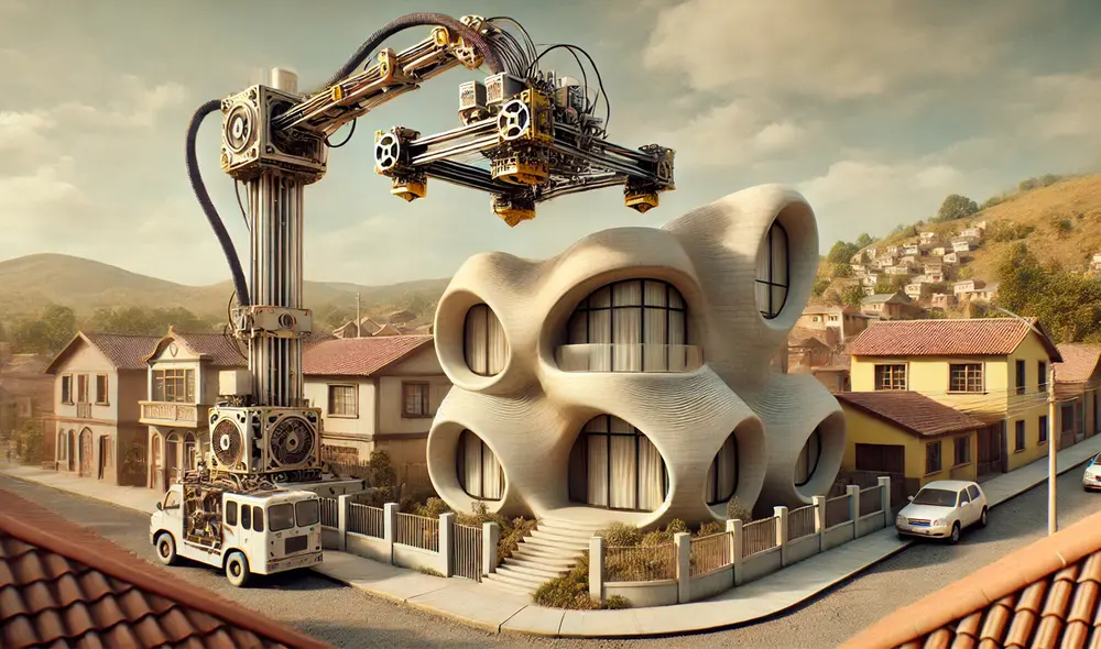 Este proyecto, desarrollado en cooperación con Inmobiliaria Aconcagua, demuestra cómo la impresión 3D reduce tiempos de edificación, con muros construidos en solo 29 horas. Foto: IA ChatGPT