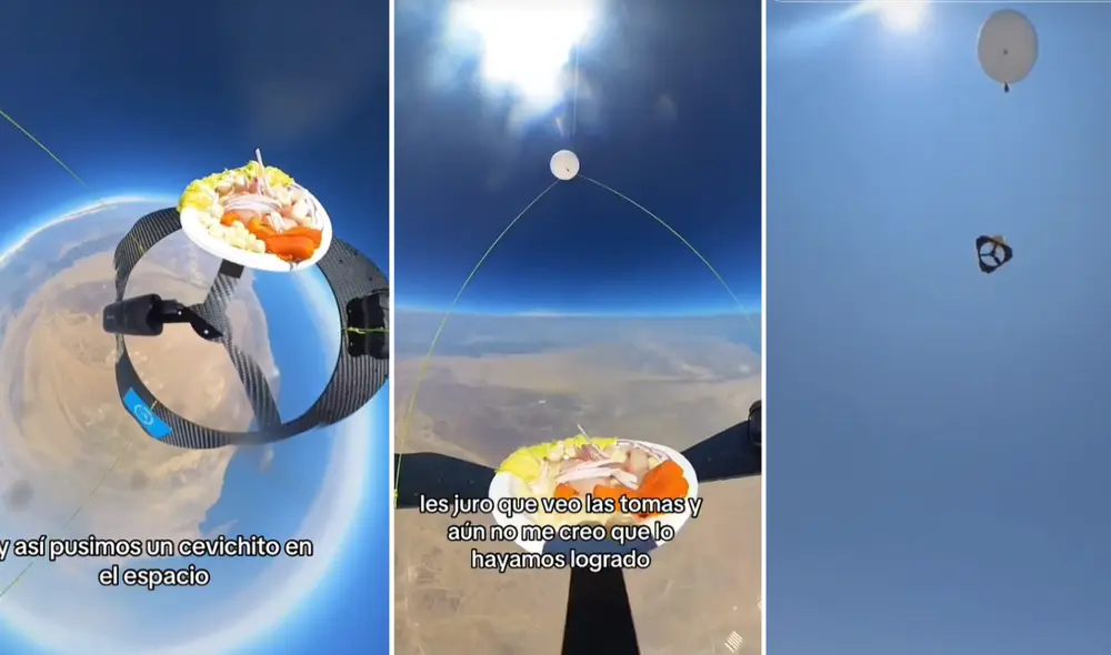 El equipo de Mauricio Velarde utilizó un globo de helio para elevar el ceviche a más de 30.000 metros de altura. Foto: composición LR/captura/TikTok/Limaalplato
