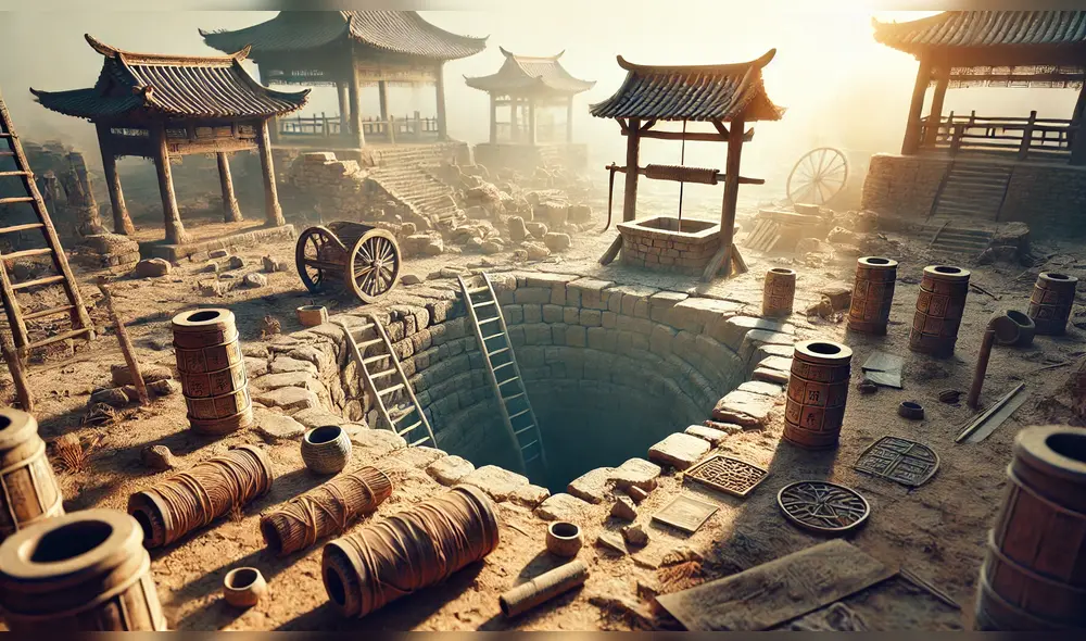 Arqueólogos abrieron un pozo de 1.700 años de antigüedad en la ciudad de Dutou, China, que contenía miles de tiras de bambú con inscripciones antiguas. Foto: IA ChatGPT