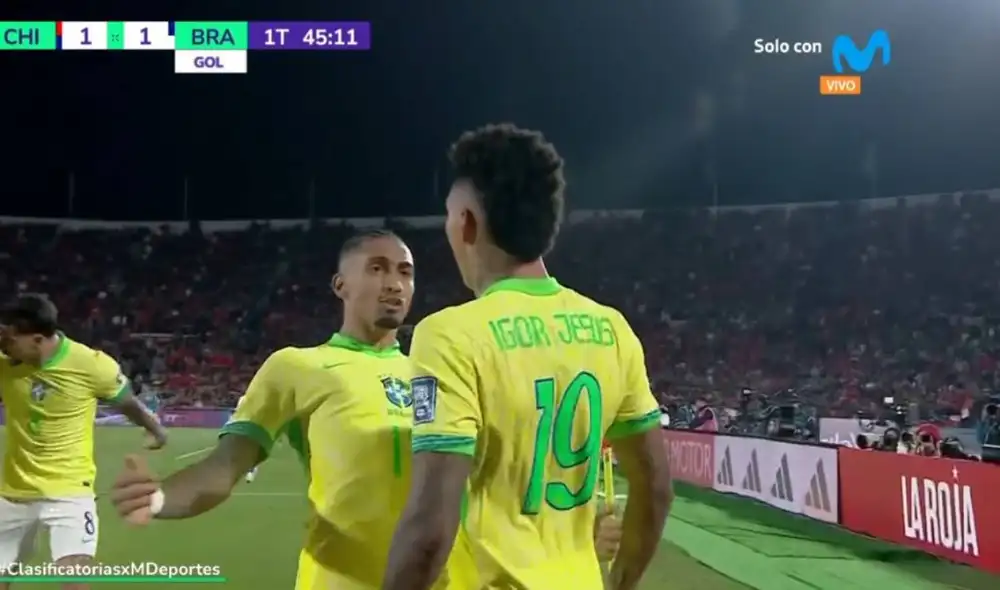 Igor Jesús colocó el empate de Chile ante Brasil al término del primer tiempo. Foto: captura/Movistar Deportes