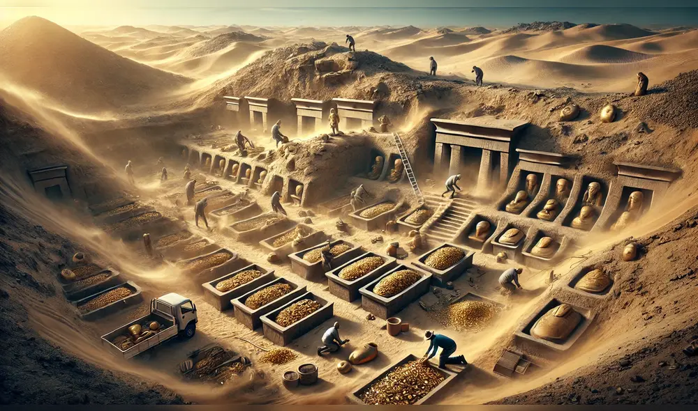 En una necrópolis de Damietta, Egipto, arqueólogos hallaron un tesoro de objetos de oro, incluyendo figuras de papel de aluminio que representan símbolos religiosos e ídolos del antiguo Egipto. Foto: ChatGPT IA