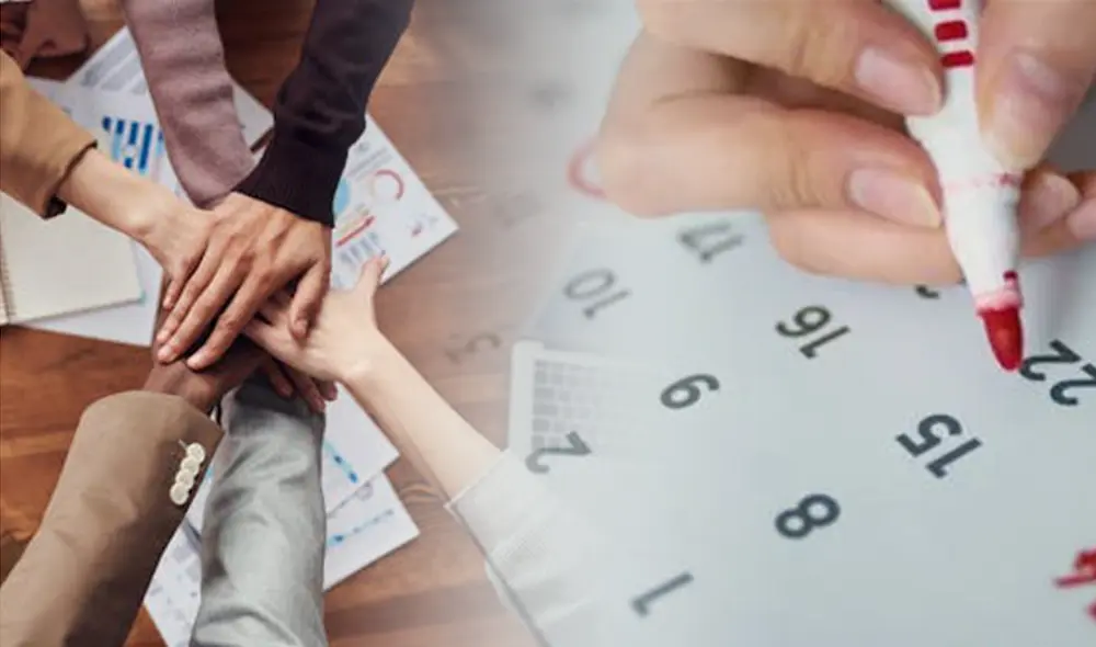 Manos cruzadas de trabajadores celebrando el Día internacional del Jefe y calendario señalando el 16 de octubre. Foto: composición LR/Andina Manos cruzadas de trabajadores celebrando el Día internacional del Jefe y calendario señalando el 16 de octubre. Foto: composición LR/Andina