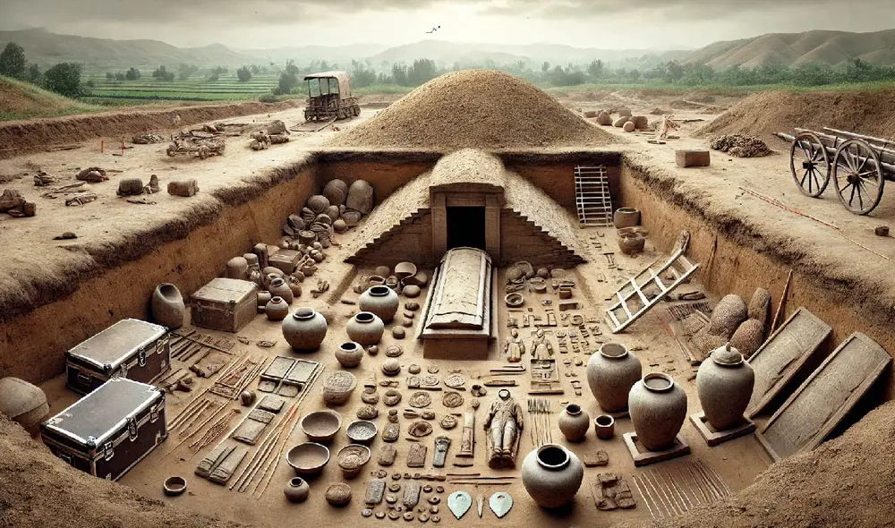 Este hallazgo en el sitio de Wangzhuang sugiere que era la capital de un antiguo reino. Las armas y joyas encontradas indican un alto estatus del ocupante y un interesante vínculo entre poder espiritual y terrestre. Foto: Dall E.