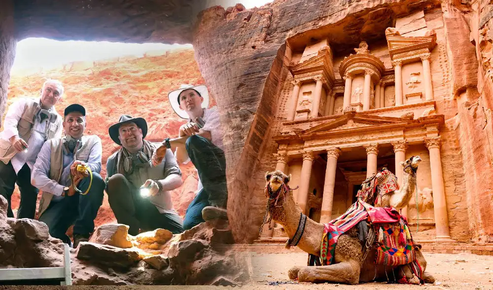 En Petra, un importantísimo sitio arqueológico, se ha descubierto una tumba intacta con 12 esqueletos humanos debajo del Tesoro de Al Khazneh, revelando secretos de la civilización nabatea. Foto: composición LR/Discovery’s Expedition Unknown./TJB En Petra, un importantísimo sitio arqueológico, se ha descubierto una tumba intacta con 12 esqueletos humanos debajo del Tesoro de Al Khazneh, revelando secretos de la civilización nabatea. Foto: composición LR/Discovery’s Expedition Unknown./TJB