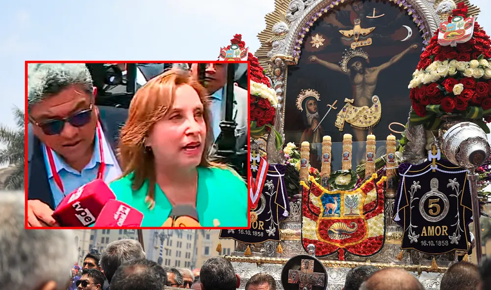 Dina Boluarte dio unas palabras a la prensa luego del homenaje rendido al Señor de los Milagros. Foto: composición LR