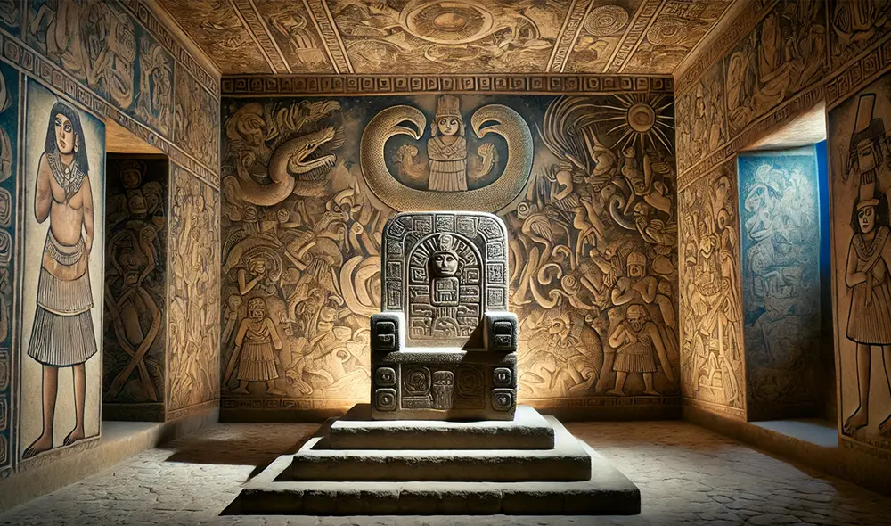 Los arqueólogos hallaron un trono desgastado y decorado en Pañamarca, que sugiere que una mujer poderosa gobernó la región hace más de 1.300 años, evidenciando un rol femenino en la política moche. Foto: IA ChatGPT