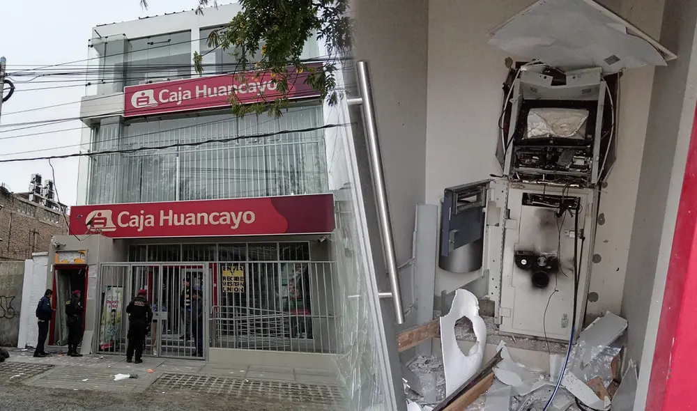 Delincuentes detonan explosivo en Caja Huancayo/Composición LR/Foto: PNP