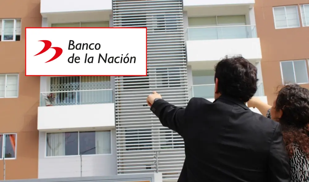Logo del Banco de la Nación y pareja señalando su nueva vivienda. Foto: composición LR/Andina/Banco de la Nación