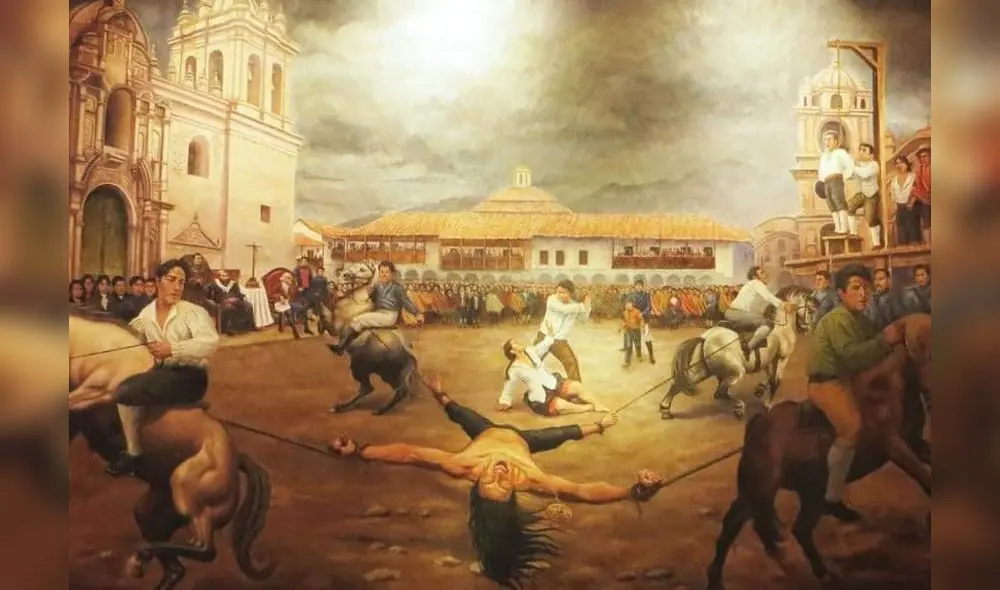 El 17 de mayo de 1781, en la Plaza de Armas del Cusco, a Túpac Amaru II quisieron descuartizarlo vivo atando sus extremidades a cuatro caballos, pero esto fracasó.  Fuente: BNP.