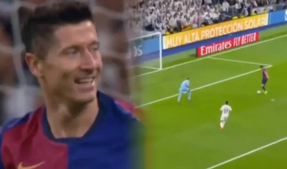 Robert Lewandowski no podía creer lo que se había perdido frente al arco de Real Madrid sin portero. Foto: composición LR/captura