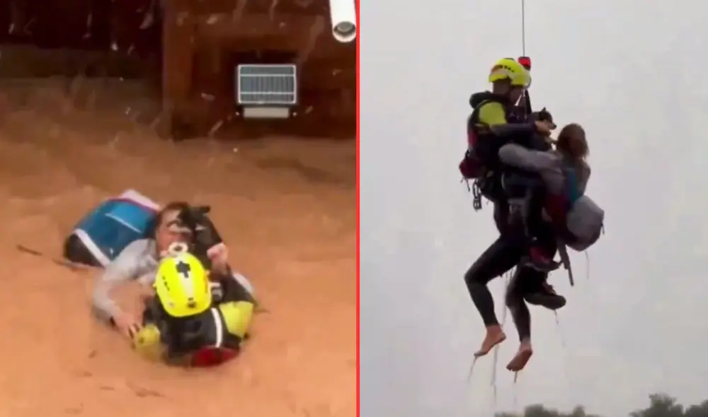 Con su mascota y una maleta en brazos, la mujer intentó escapar de las inundaciones. Foto: Composición La República
