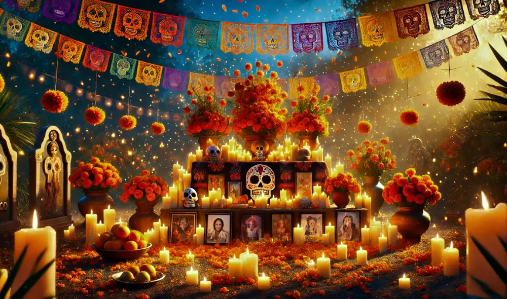 El altar de Día de Muertos es una manifestación de amor y respeto hacia los difuntos, donde cada elemento tiene un significado especial. Imagen: IA