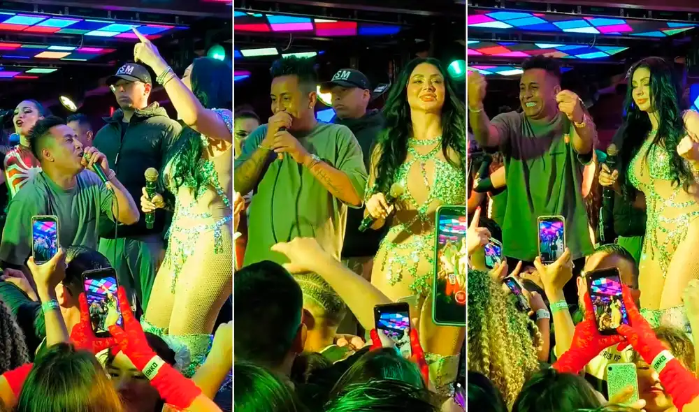 Christian Cueva se robó el show de Pamela Franco al cantar y animar al público de Santa Clara. Fotos: captura/TikTok