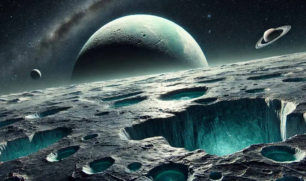 Este hallazgo se basa en imágenes de Voyager 2, que muestran patrones de tensión en la superficie de Miranda, sugiriendo que un océano subterráneo explica sus características geológicas inusuales. Foto: Dall.E