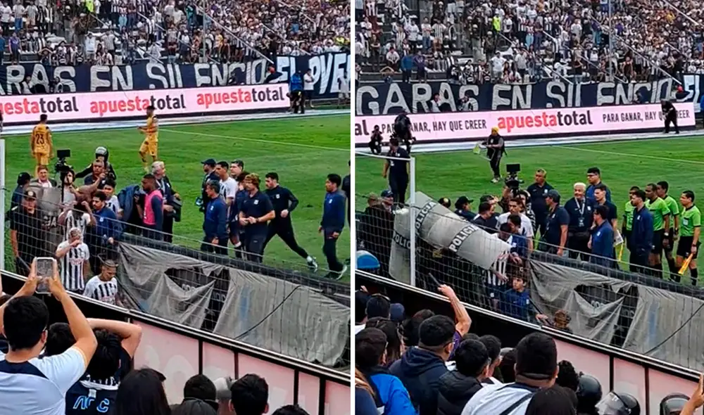 Los efectivos policiales tuvieron que resguardar a los jugadores de Alianza Lima mientras se retiraban a los camerinos. Foto: composición LR/TikTok de Walter Díaz