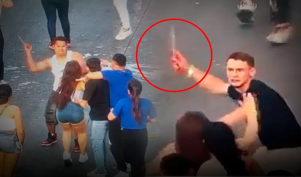 Sujetos no dudaron en empuñar cuchillos para herirse en plena vía pública. Foto: Captura Panamericana Televisión