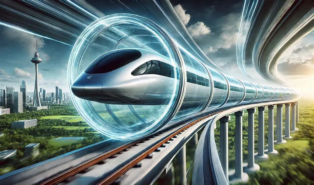 La cápsula de vacío Hyperloop impulsa velocidades proyectadas de 488 km/h gracias a un motor de inducción lineal que optimiza energía y costos. Además, su diseño minimiza la fricción, permitiendo trayectos más rápidos y eficientes. Foto: Dall.E
