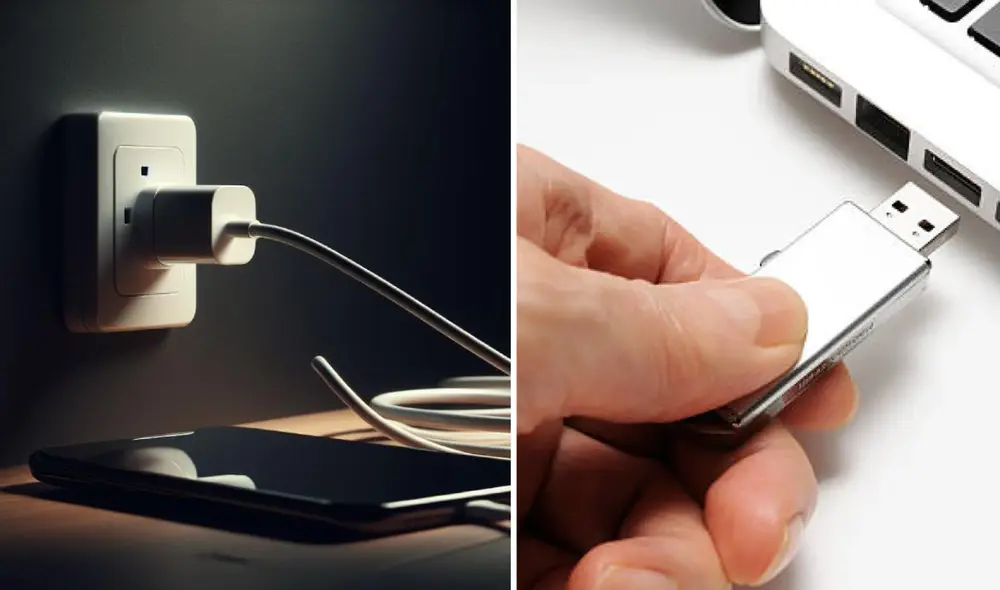 Conectar una memoria USB (o "flash drive") a un cargador de celular generalmente no tiene el efecto que se espera si se conecta a una computadora. Foto: composición LR/20 minutos Conectar una memoria USB (o "flash drive") a un cargador de celular generalmente no tiene el efecto que se espera si se conecta a una computadora. Foto: composición LR/20 minutos