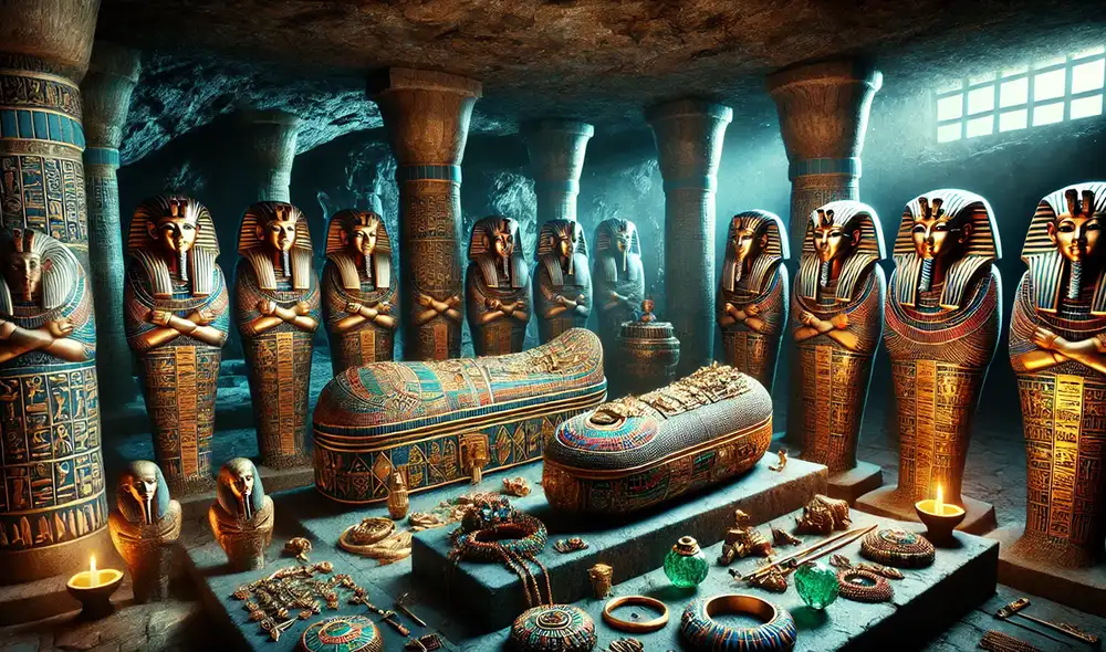 El descubrimiento de la tumba familiar en Luxor proporciona una nueva perspectiva sobre las prácticas funerarias y la estructura familiar en el antiguo Egipto. Foto: ChatGPT IA