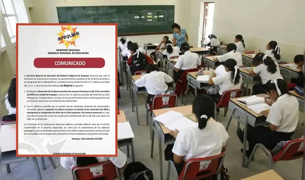 Comunicado de la Gerencia Regional de Educación de Arequipa detalla cómo se acatará la suspensión de clases. Foto: composición LR/GREA Comunicado de la Gerencia Regional de Educación de Arequipa detalla cómo se acatará la suspensión de clases. Foto: composición LR/GREA