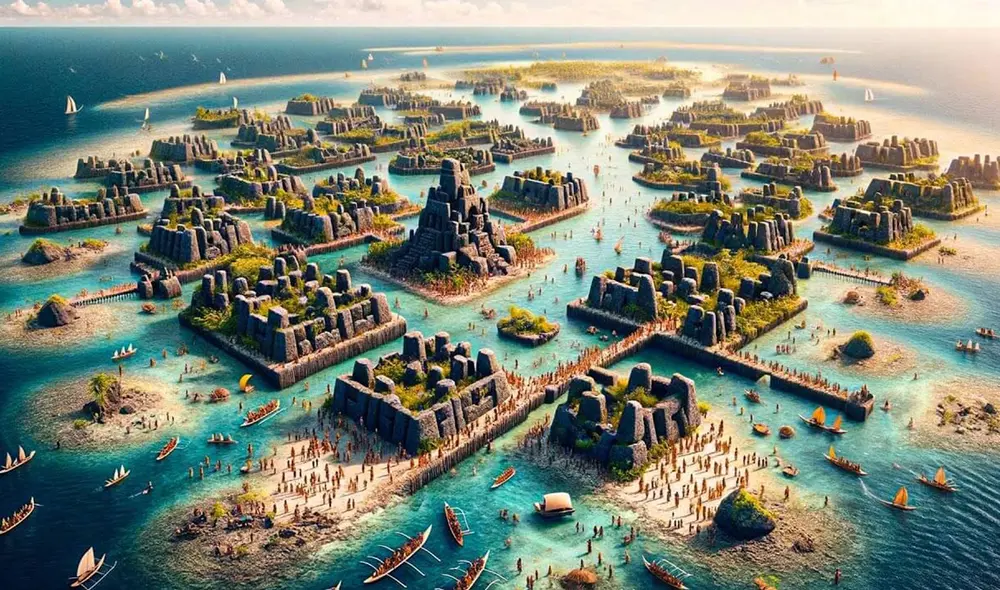 Nan Madol es una antigua ciudad construida sobre 92 islotes artificiales conectados por canales en el Pacífico. Es considerada más antigua que la Isla de Pascua. Foto: IA ChatGPT Nan Madol es una antigua ciudad construida sobre 92 islotes artificiales conectados por canales en el Pacífico. Es considerada más antigua que la Isla de Pascua. Foto: IA ChatGPT