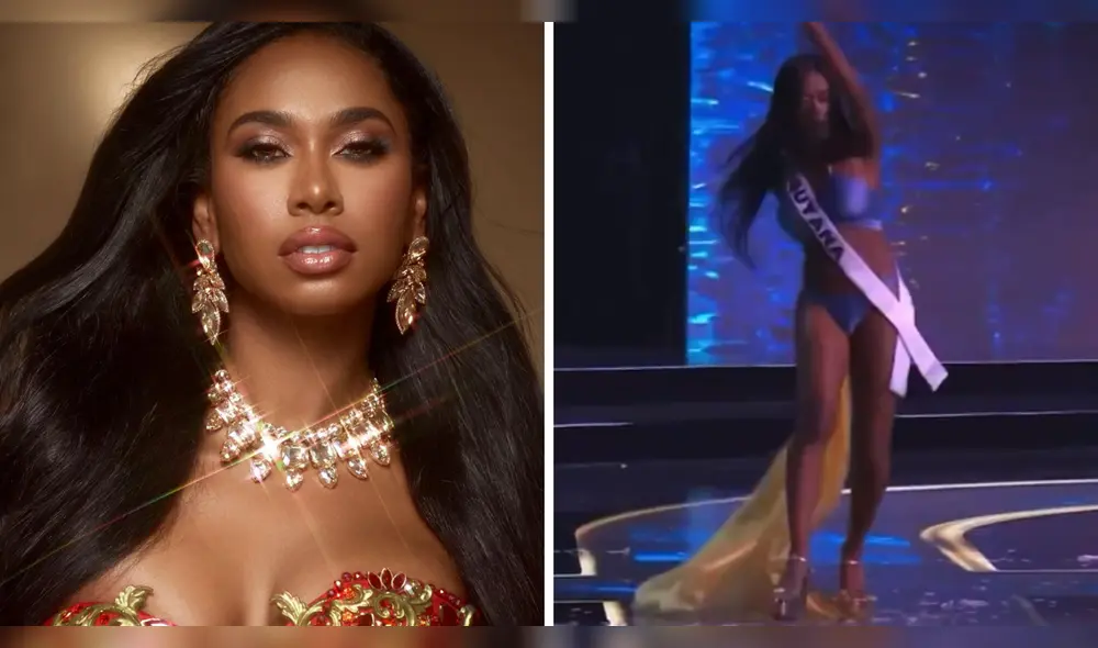 Ariana Blaize, Miss Guyana, sufrió un resbalón en su desfile de traje de baño en el Miss Universo 2024. Foto: Composición LR/Instagram/YouTube