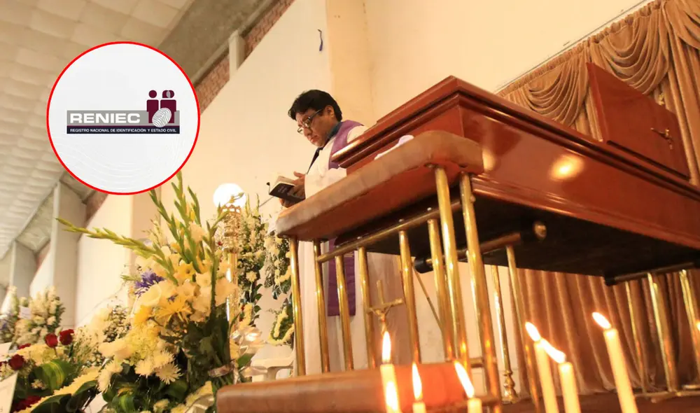 Misa a una persona fallecida y logo del Reniec. Foto: composición LR/Andina/Reniec/X Misa a una persona fallecida y logo del Reniec. Foto: composición LR/Andina/Reniec/X