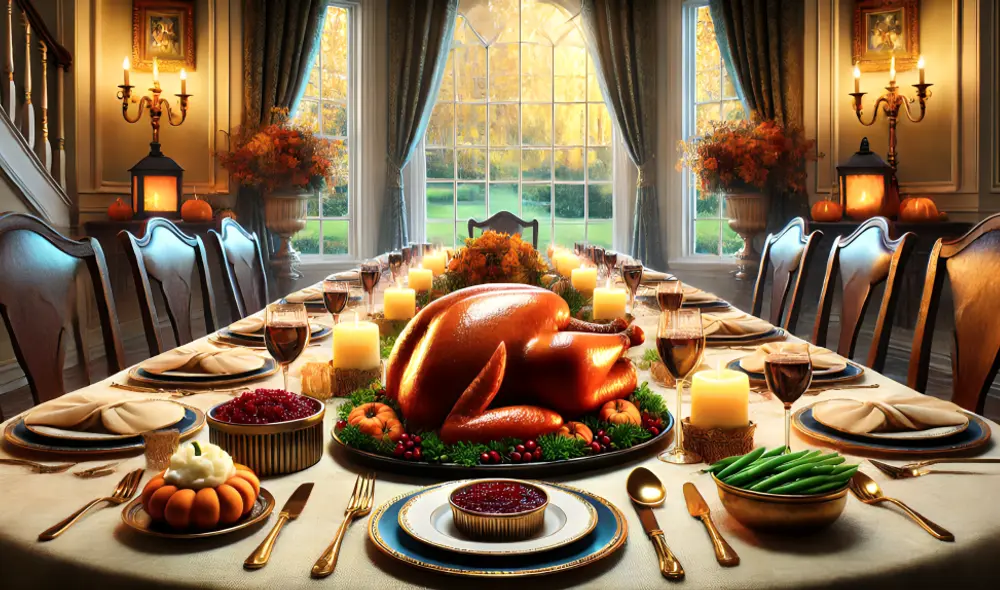 Presenta el pavo para el Día de la Acción de Gracias 2024 en una fuente grande y acompáñalo con guarniciones clásicas como puré de papa, ensaladas y salsa de arándanos. Foto: IA de LR Presenta el pavo para el Día de la Acción de Gracias 2024 en una fuente grande y acompáñalo con guarniciones clásicas como puré de papa, ensaladas y salsa de arándanos. Foto: IA de LR