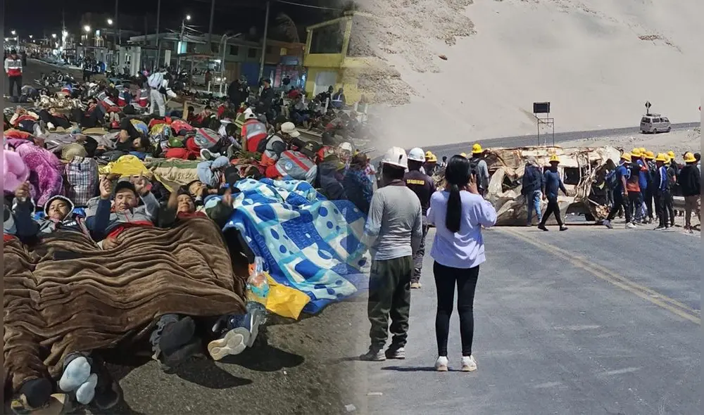 Mineros informales decidieron dormir en la Panamericana Sur. Foto. composición LR/Claudia Beltrán/Difusión