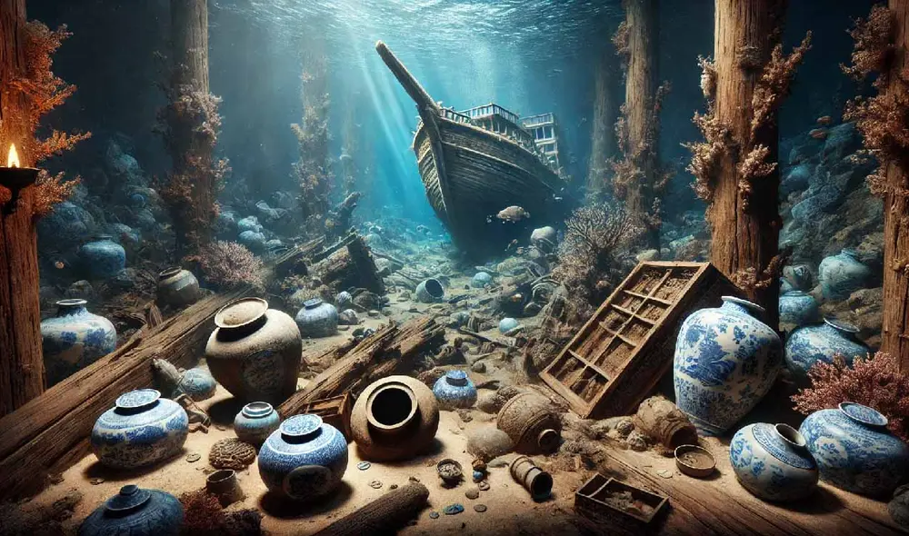 Un equipo de arqueólogos chinos ha recuperado más de 100.000 artefactos de la dinastía Ming en dos naufragios en el Mar de China Meridional, a 1.500 metros de profundidad, cerca de Hainan. Foto: DALL E
